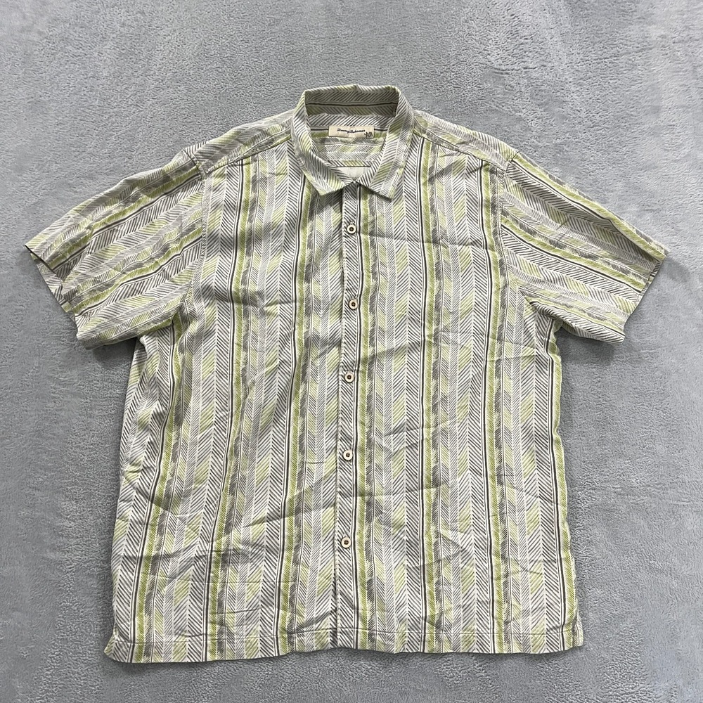 Tommy Bahama Shirt Mens 2XL Button Silk Hawaiian Stripes‎ Short Sleeve Beach